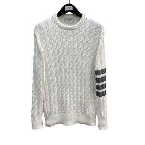 Thom Browne Classic 4 Bar White Crewneck Pullover Sweater